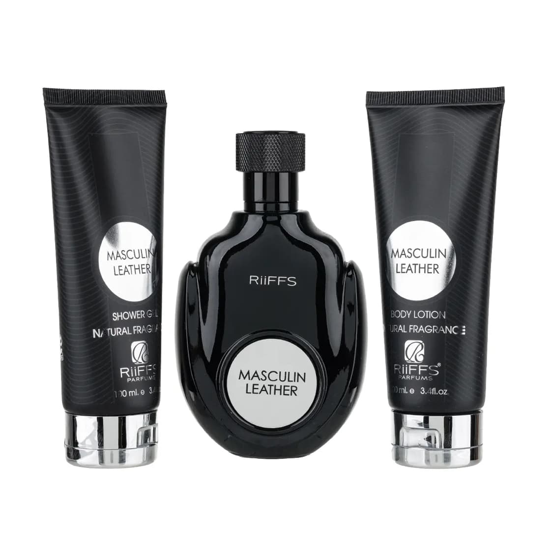 Set Cadou Barbati- Masculin Leather Parfum, Gel De Dus, Lotiune de corp, Riiffs