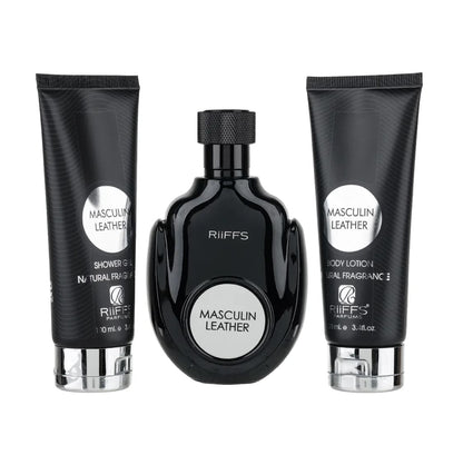 Set Cadou Barbati- Masculin Leather Parfum, Gel De Dus, Lotiune de corp, Riiffs