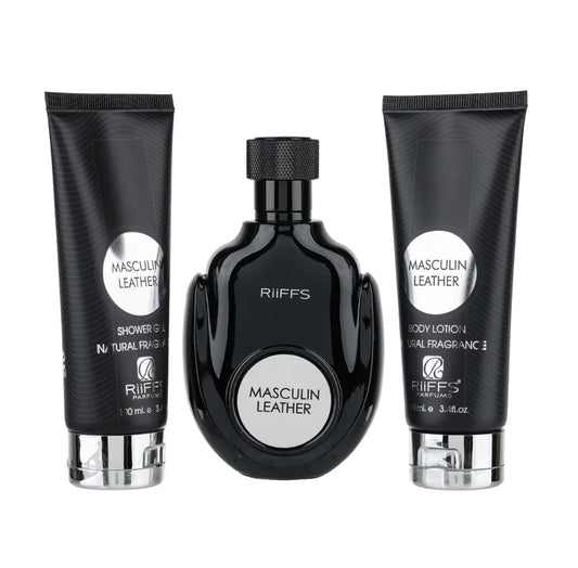 Set Cadou Barbati- Masculin Leather Parfum, Gel De Dus, Lotiune de corp, Riiffs